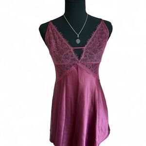 Victoria’s Secret Women’s Sheer Lace Top Burgundy Slip Dress, Size M
